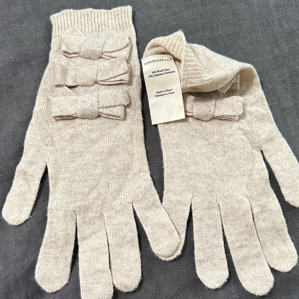 LoveShackFancy Cream Knit Gloves with Bows